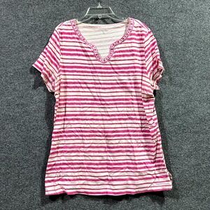 Kim Rogers T Shirt Womens XL Pink White Stripes Cotton Embroidered Casual V Neck